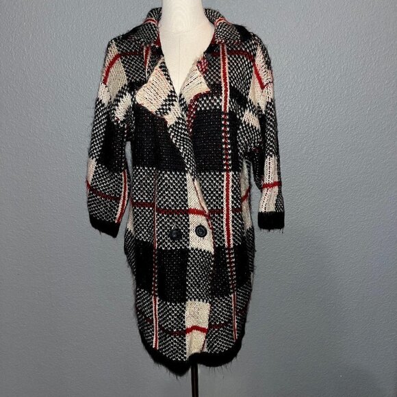 UNIF Chunky Deco Plaid Double Breasted Cardigan Coatigan - Black & Red - EUC - S - Picture 1 of 9